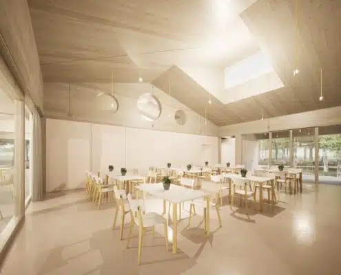 Green Building: Das Klimahaus bietet rund 600 m² Nutzfläche, Schlafmöglichkeiten für bis zu 50 Schüler:innen und Unterrichtende sowie Seminar- und Gruppenräume. © Pointinger Green Buildings
