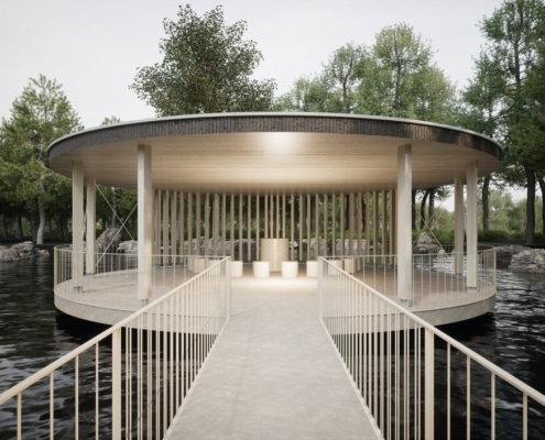 Architektonisches Highlight: Die Insel im Teich kann als Ruheplatz, Kapelle und Veranstaltungsbühne genützt werden. © Pointinger Green Buildings