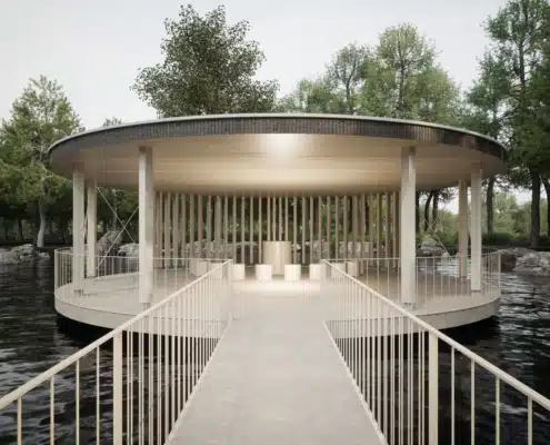 Architektonisches Highlight: Die Insel im Teich kann als Ruheplatz, Kapelle und Veranstaltungsbühne genützt werden. © Pointinger Green Buildings